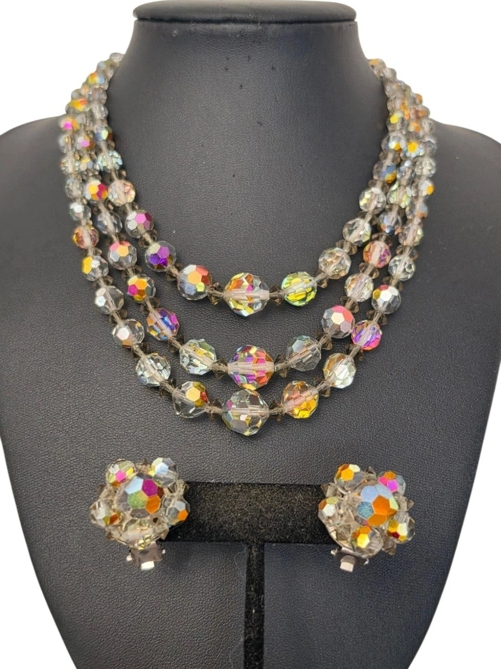 Vintage Smoky Gray AB Glass Crystal Beads 3 Strand Necklace & Earrings Set 15"